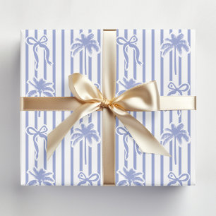 White Blue Coastal Palm Trees Bows Stripes Pattern Wrapping Paper