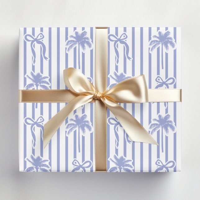 White Blue Coastal Palm Trees Bows Stripes Pattern Wrapping Paper Sheet (In situ)