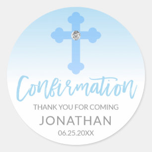 White Blue Cross CONFIRMATION Boy Thank You Classic Round Sticker