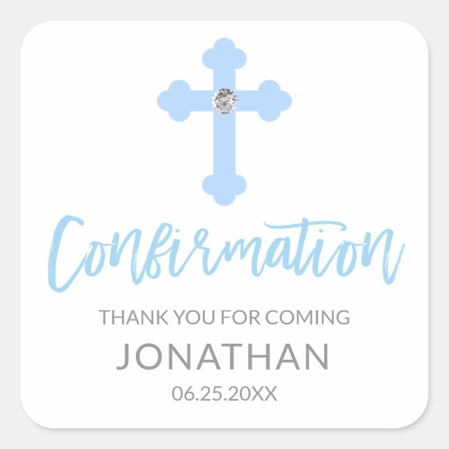 White Blue Cross CONFIRMATION Boy Thank You Square Sticker (Front)