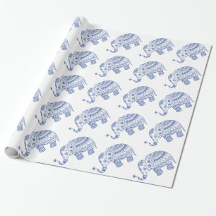 White & Blue Cute Floral Elephant Design Wrapping Paper