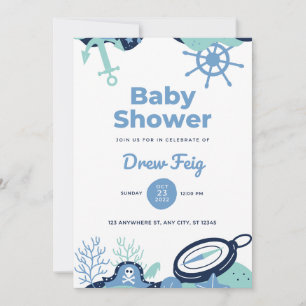 White Blue Cute Sailor Baby Shower Invitation