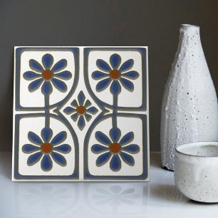 White & Blue Daisies Art Deco Wall Decor Nouveau Tile