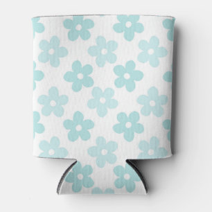 White Blue Daisy Flowers Retro Pattern Can Cooler
