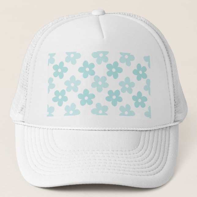 White Blue Daisy Flowers Retro Pattern Trucker Hat (Front)