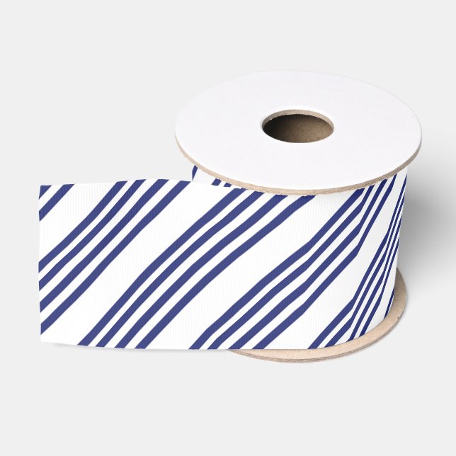 White Blue Diagonal Stripes Modern Tilted Pattern Grosgrain Ribbon (Spool)