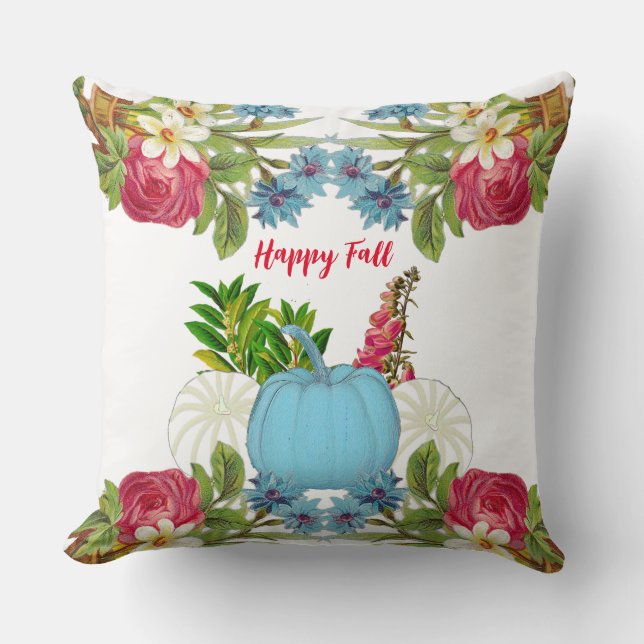  White Blue Fall Pumpkins Watercolor Floral Roses  Cushion (Front)