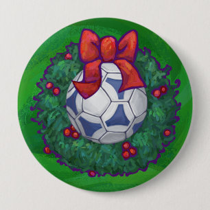 White, Blue Festive Soccer Ball on Green 10 Cm Round Badge