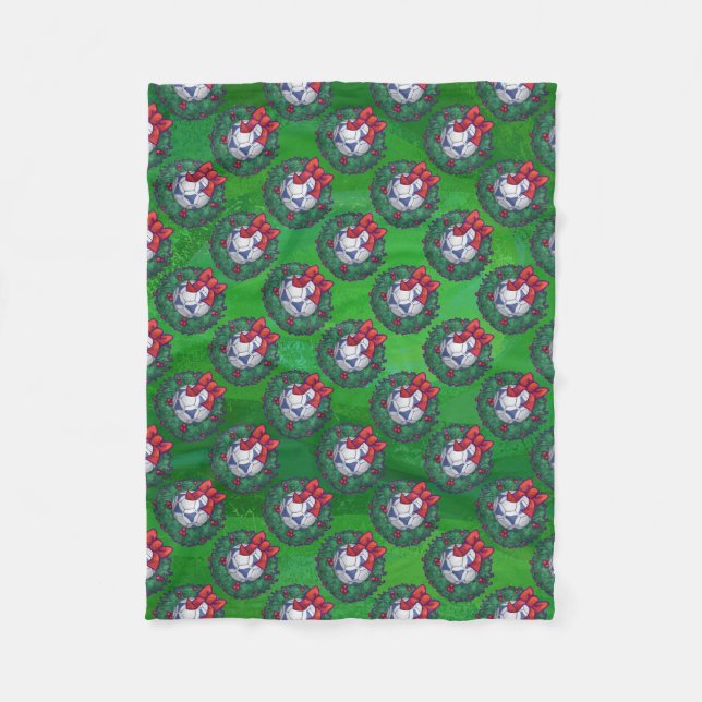 White, Blue Festive Soccer Ball on Green Fleece Blanket (Front)
