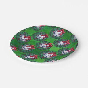 White, Blue Festive Soccer Ball on Green Paper Plate