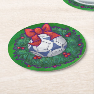 White, Blue Festive Soccer Ball on Green Round Paper Coaster