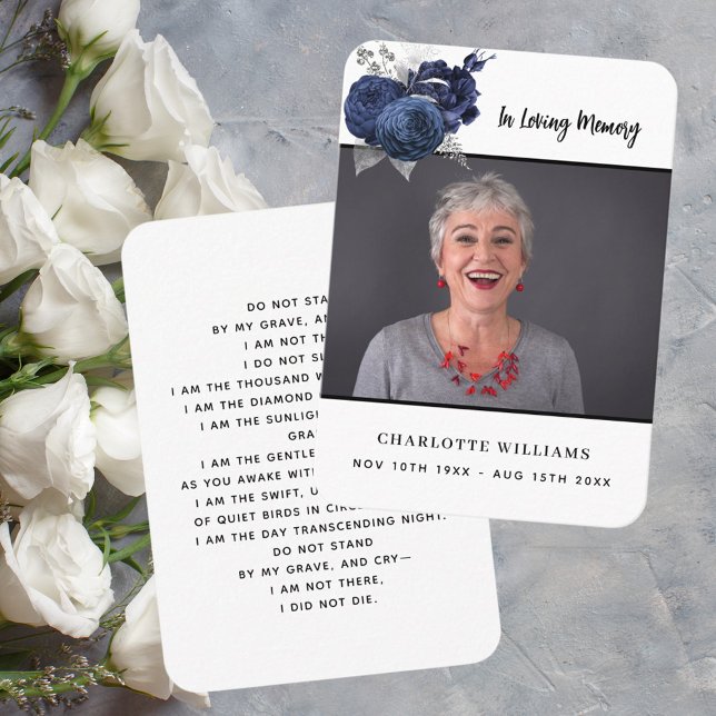 White blue floral custom photo funeral prayer card (Creator Uploaded)