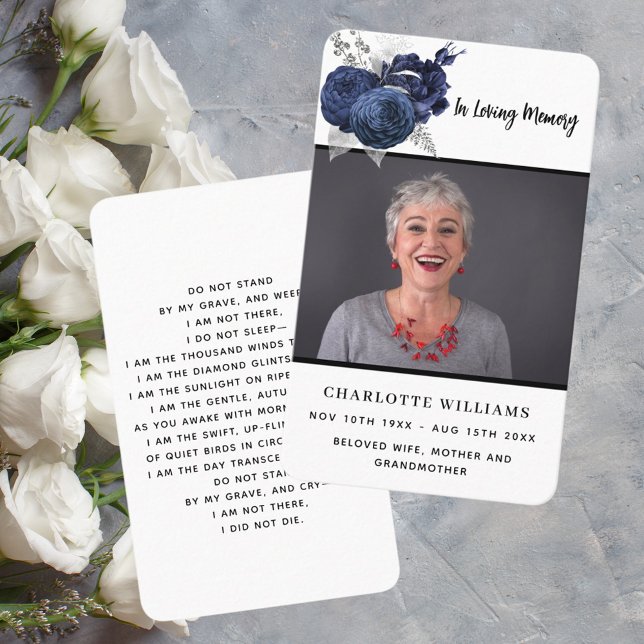 White blue floral custom photo funeral prayer card (Creator Uploaded)