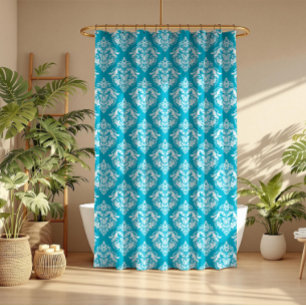 White & Blue Floral Damasks Pattern Shower Curtain