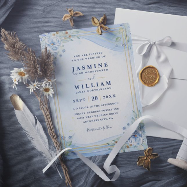White & Blue Floral Elegant Modern QR Code Wedding Invitation (Creator Uploaded)