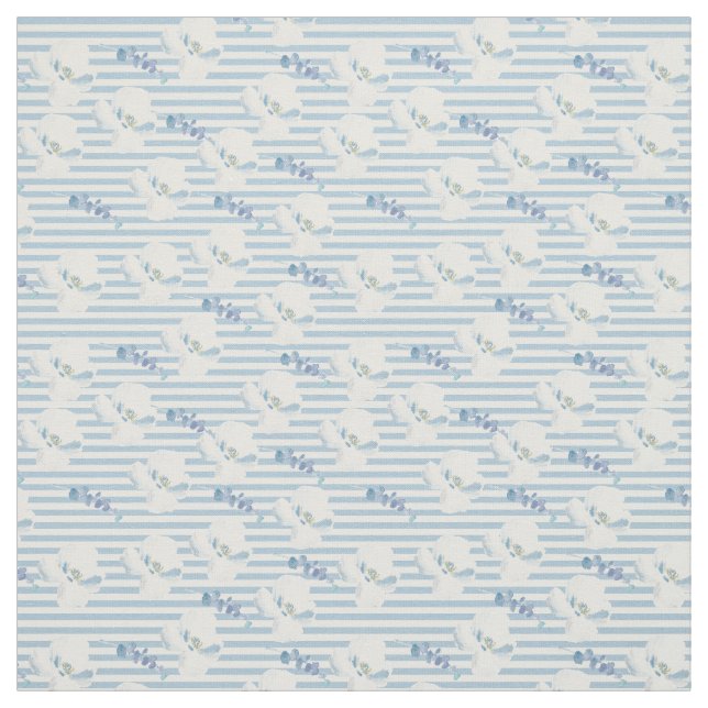 White Blue Floral Eucalyptus Stripes Fabric (Swatch)