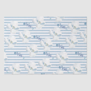 White Blue Floral Eucalyptus Stripes Tissue Paper