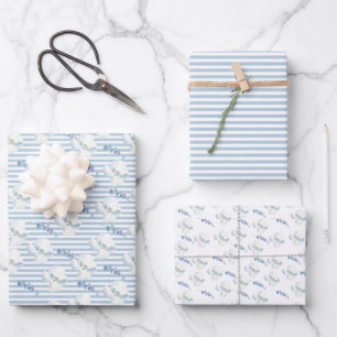 White Blue Floral Eucalyptus Stripes Wrapping Paper Sheet