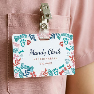 White Blue Floral & Foliage Pet Paw Print Pattern ID Badge