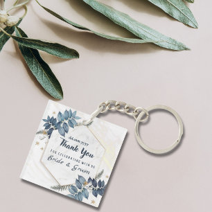 White Blue Floral Frame Thank You Wedding Favours Key Ring