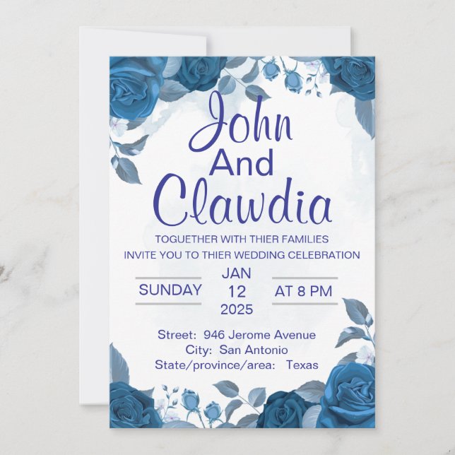 white blue floral geometric wedding invitation (Front)