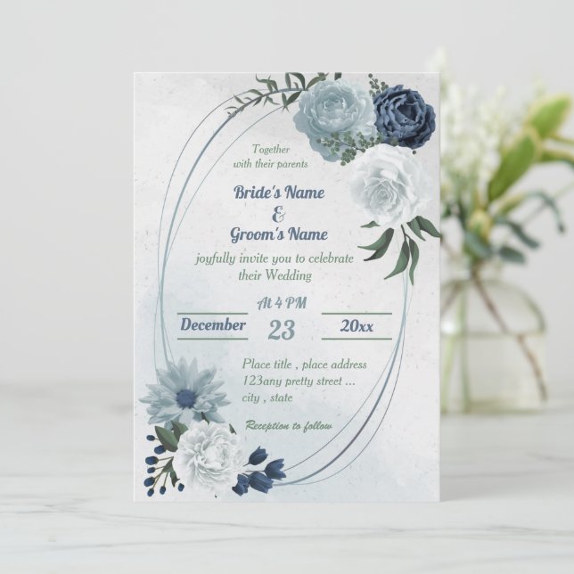 white & blue floral greenery geometric wedding invitation (Standing Front)