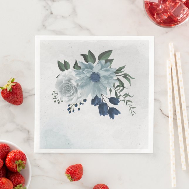 white & blue floral greenery wedding napkin (Insitu)
