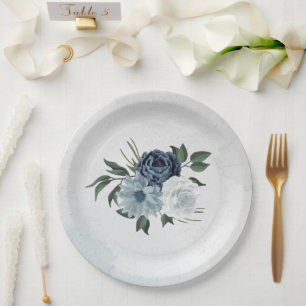 white & blue floral greenery wedding paper plate