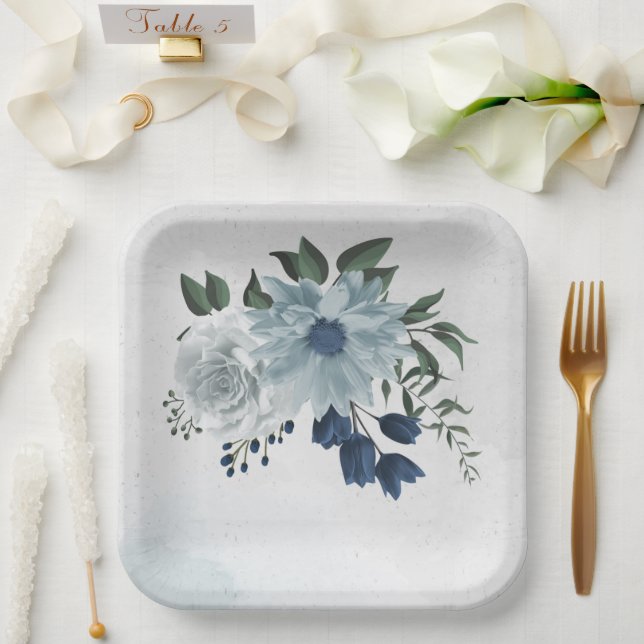 white & blue floral greenery wedding paper plate (Wedding)