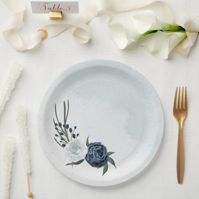 white & blue floral greenery wedding paper plate (Wedding)