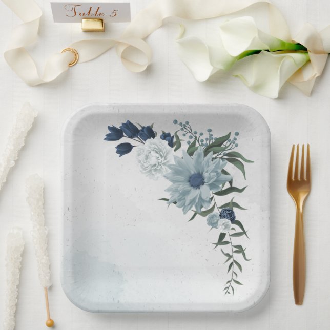 white & blue floral greenery wedding paper plate (Wedding)