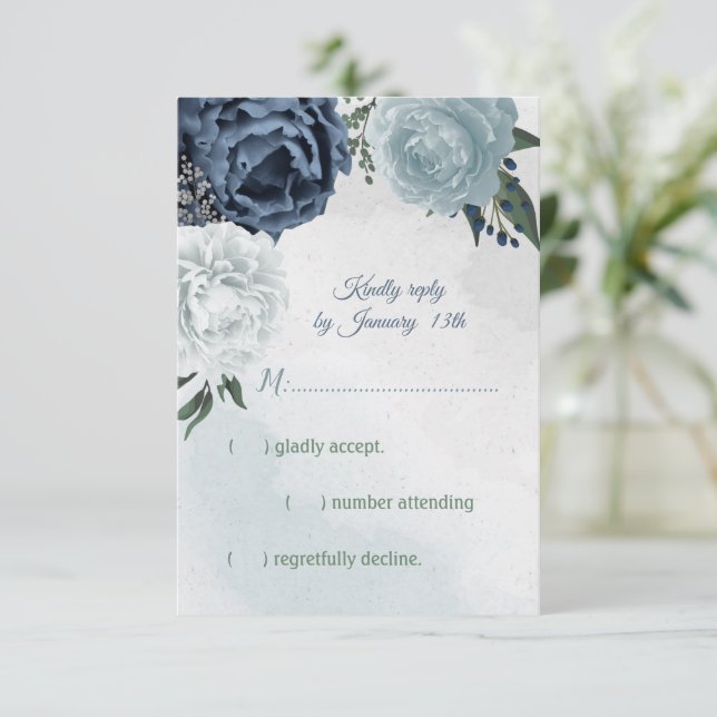 white & blue floral greenery wedding  RSVP card (Standing Front)