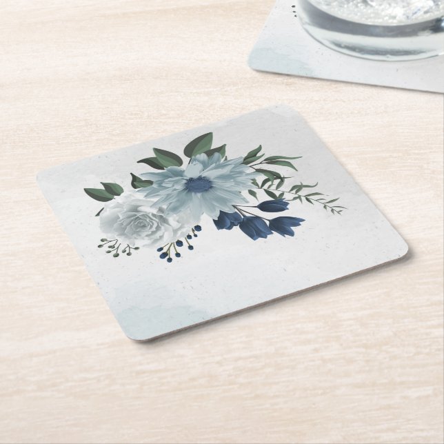 white & blue floral greenery wedding square paper coaster (Angled)