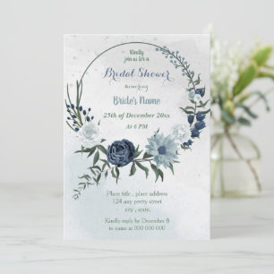 white & blue floral greenery wreath bridal shower invitation