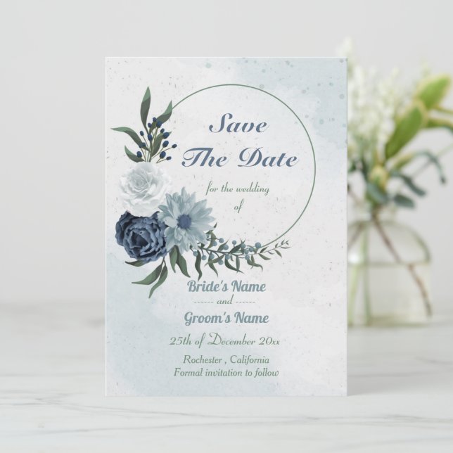 white & blue floral greenery wreath save the date (Standing Front)
