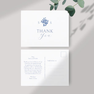 White   Blue Floral Monogram Thank You Postcard