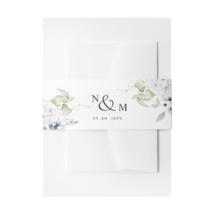 White Blue Floral, Monogram Wedding Invitation Belly Band