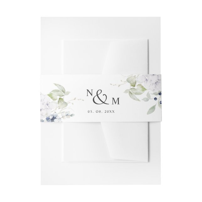 White Blue Floral, Monogram Wedding Invitation Belly Band (Front Example)