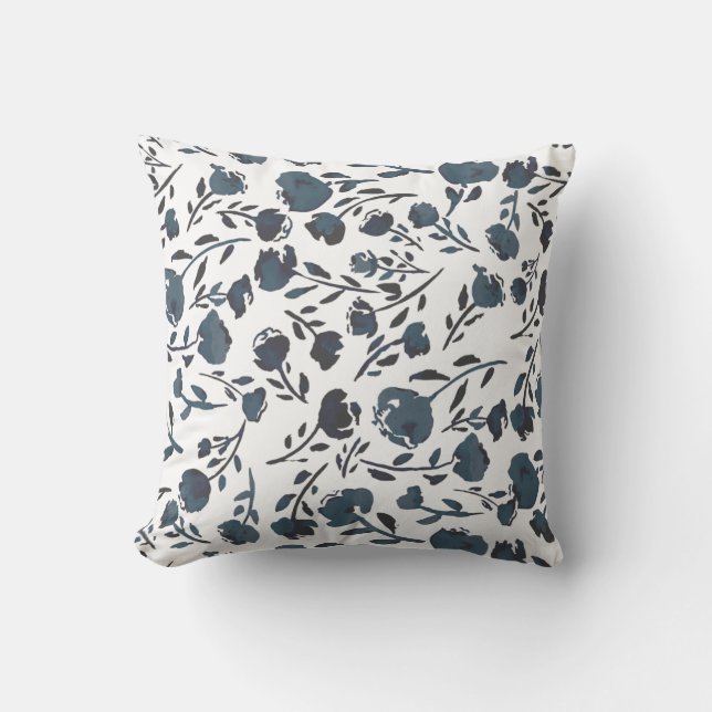 White & Blue Floral Optional Monogram Cushion (Front)