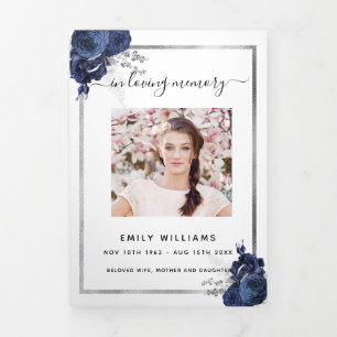 White blue floral photo tri-fold funeral program announcement