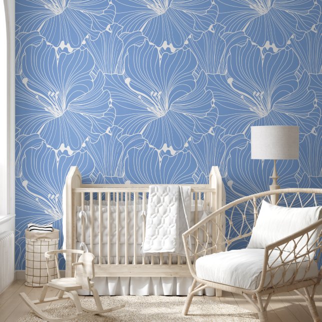 White blue floral tile pattern wallpaper (Kids)