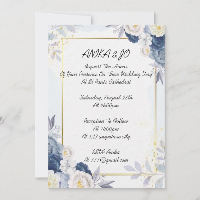White Blue floral wedding invitation (Front)