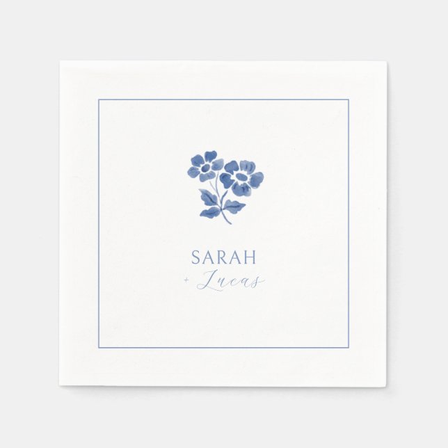 White |  Blue Floral Wedding Napkin (Front)