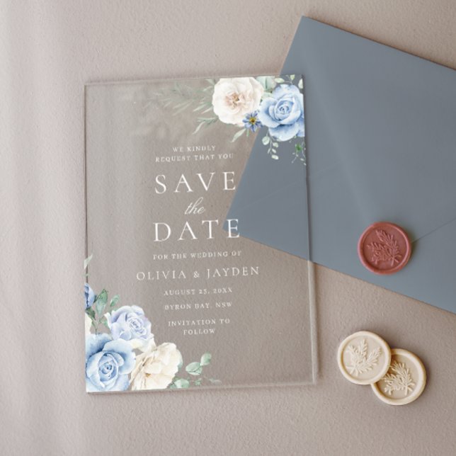 White & Blue Floral Wedding Save The Date Acrylic Invitations (Creator Uploaded)
