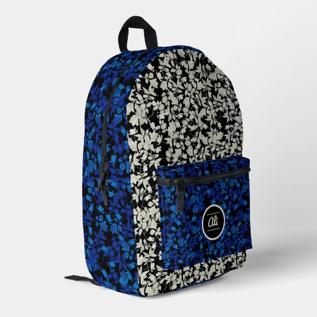 White & blue flowers black background printed backpack (Back Corner Left)