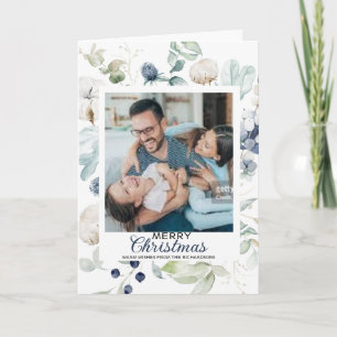 WHITE BLUE FLOWERS MERRY CHRISTMAS PHOTO CARD