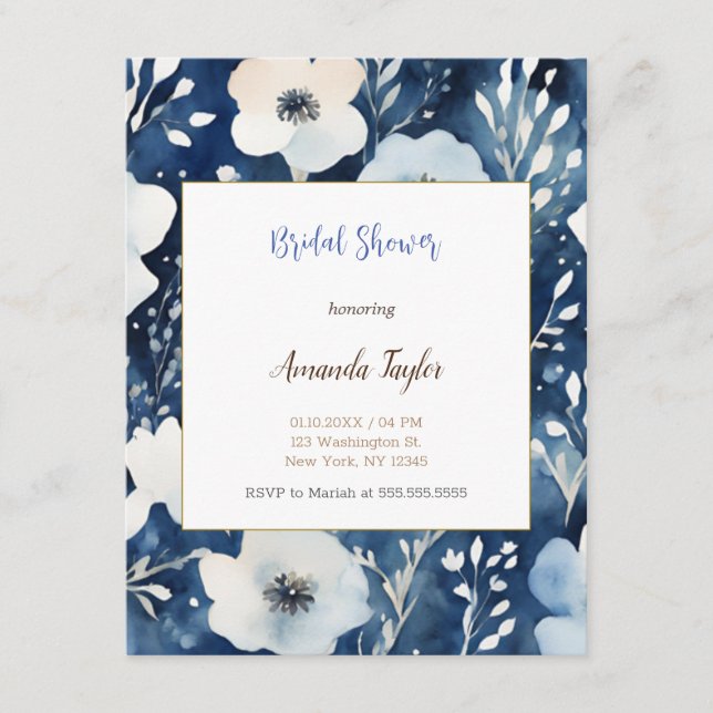 White Blue Flowers Minimal Bridal Shower Card (Front)
