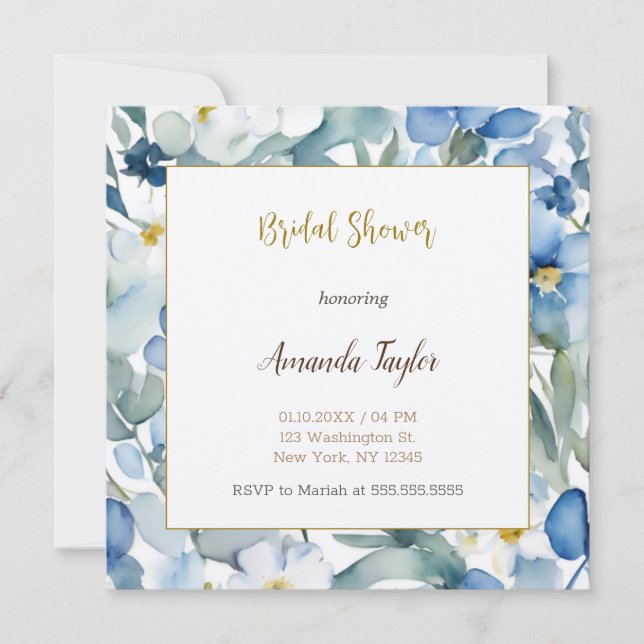 White Blue Flowers Minimal Bridal Shower Invitation (Front)