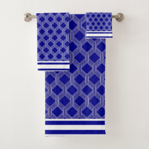 White Blue Geometric Pattern Bath Towel Set