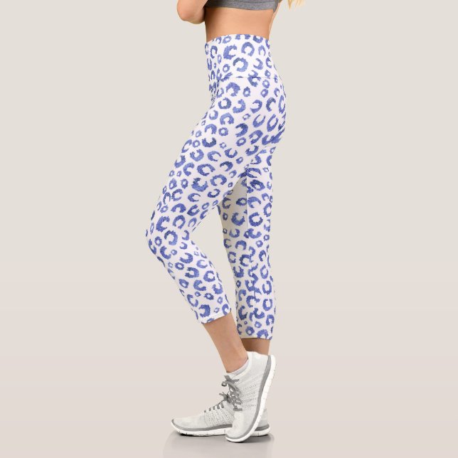 White Blue Glitter Leopard Animal Print Capri Leggings (Left)